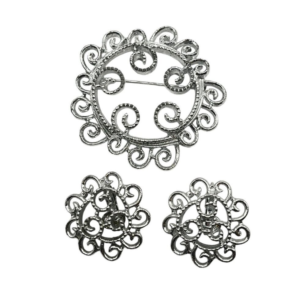 Sarah Coventry Silver Tone Whimsical Swirl Brooch Pin And Clip‎ Earrings Set